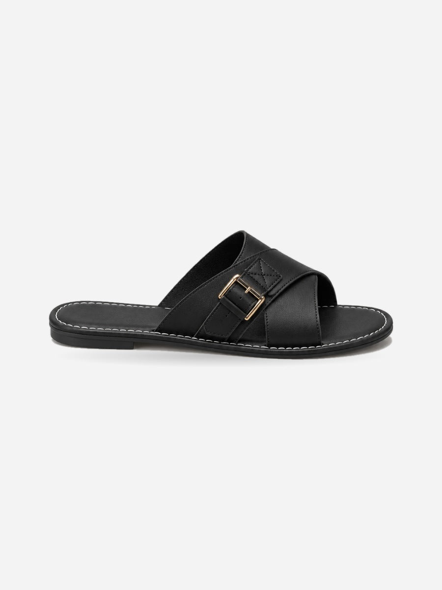 Nadège – Sandale plate à boucle femme – Noir — profil droit