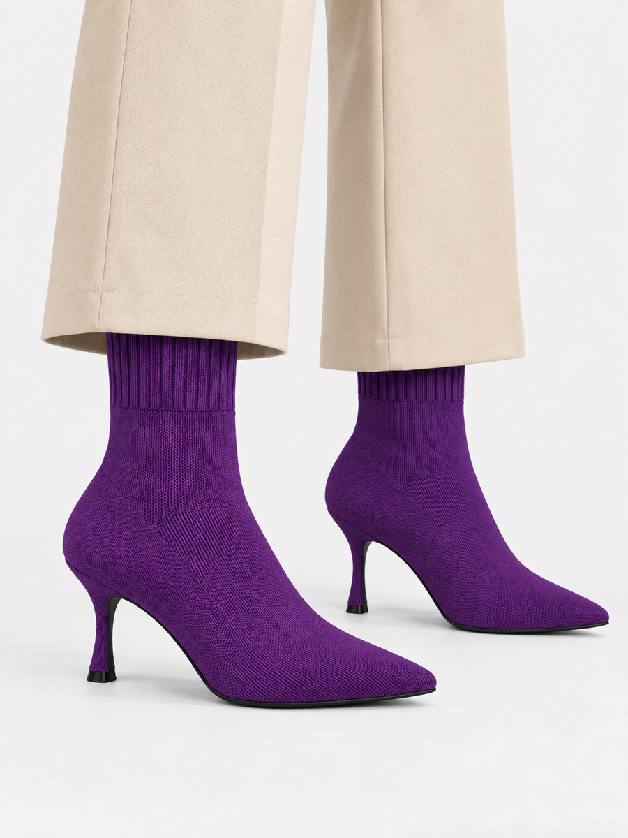 Nellie – Bottine chaussette à talon femme – Violet — portée