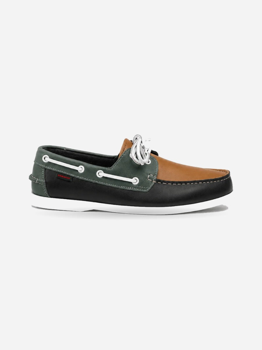 Nino – Mocassin bateau en simili-cuir – Vert et camel — profil droit