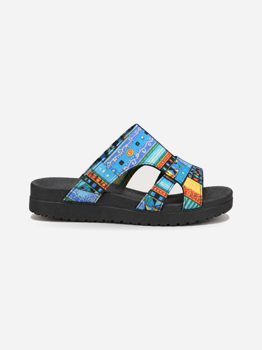 Noélie – Sandale plateforme ethnique femme – Bleu — profil droit
