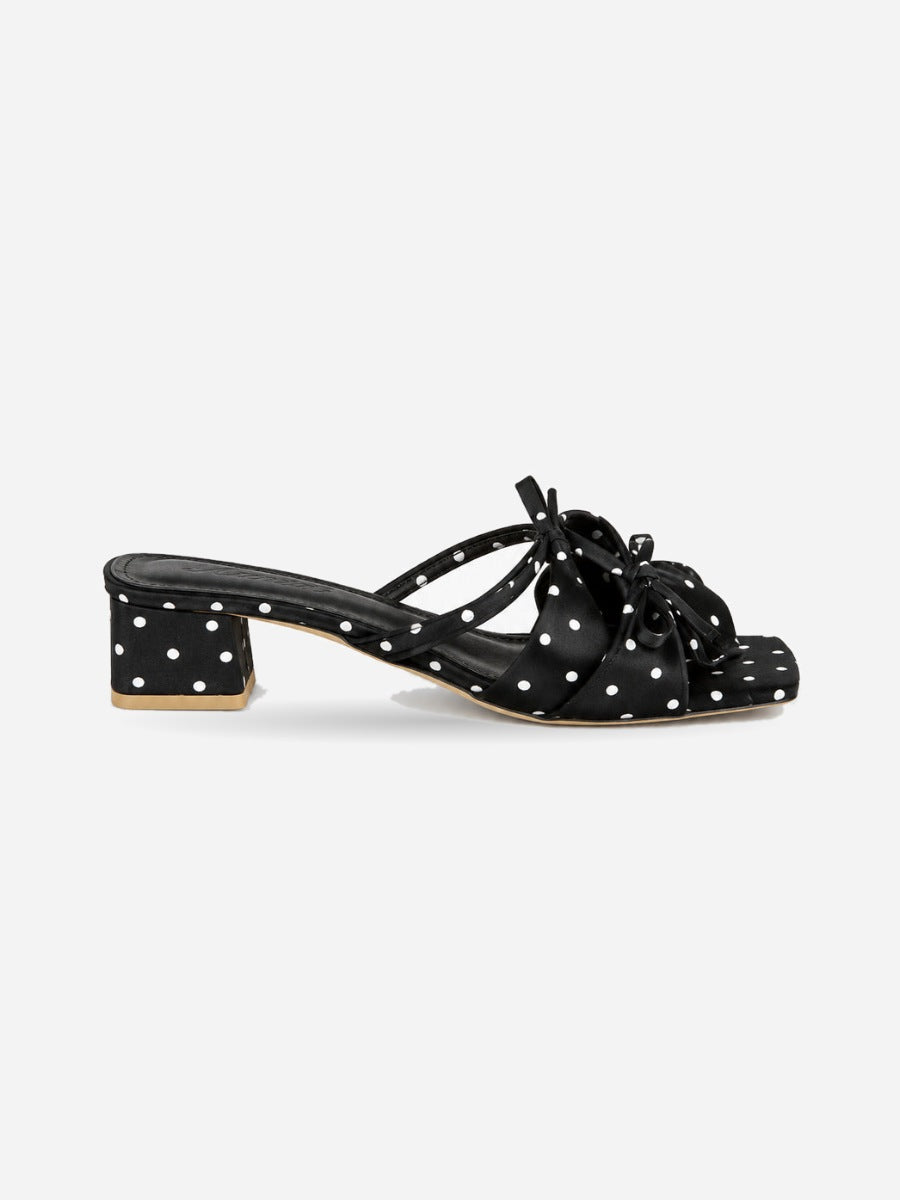 Pauline-Marie – Mule à pois et nœud papillon femme – Noir — profil droit