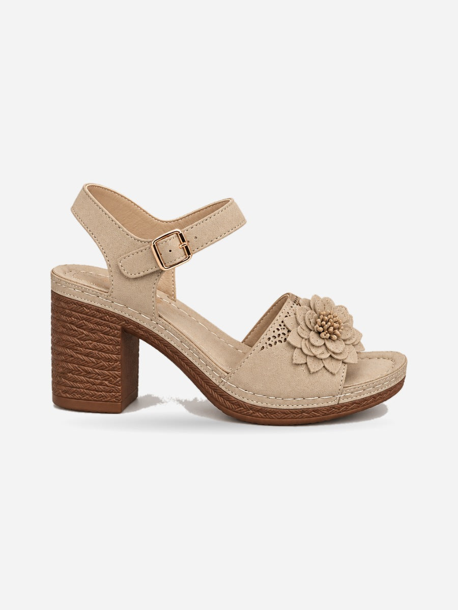 Philippine – Sandale à fleurs talon épais femme – Beige — profil droit