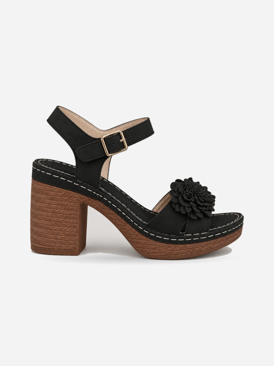 Philippine – Sandale à fleurs talon épais femme – Noir — profil droit