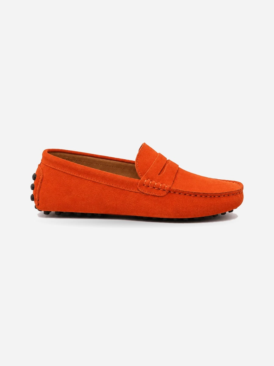 Quentin – Mocassin en daim souple homme – Orange — profil droit