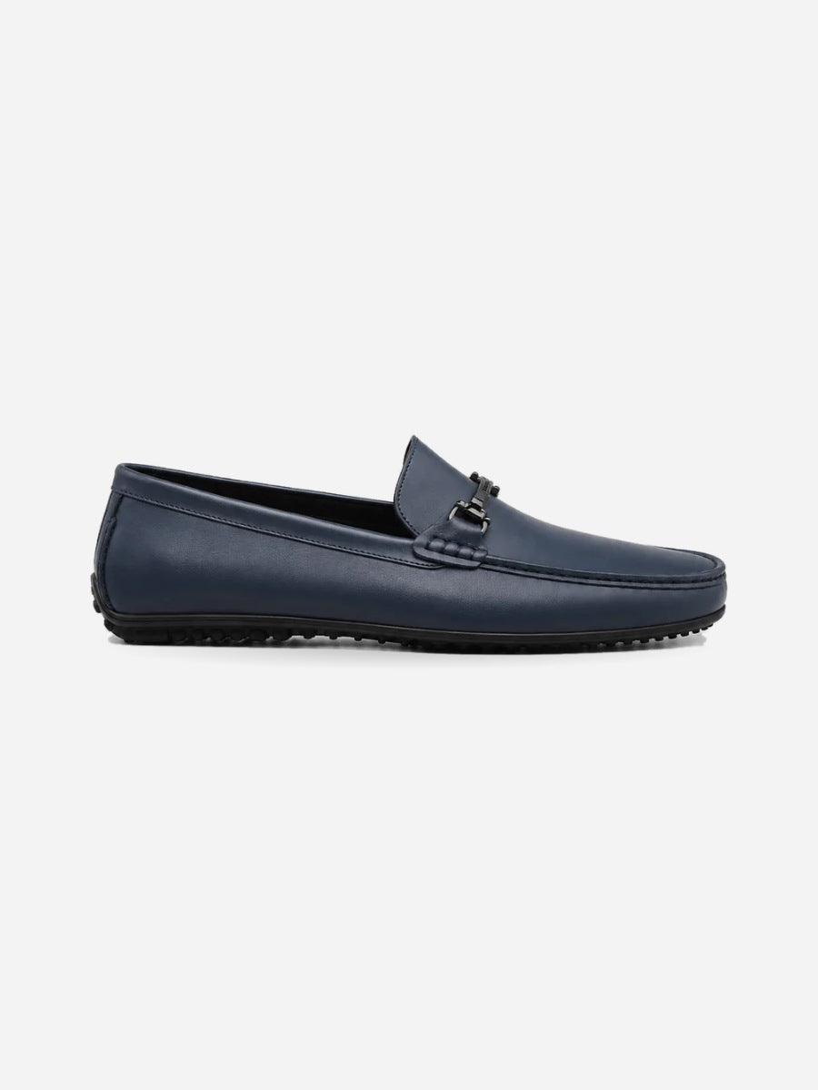 Raphaël – Mocassin en cuir véritable homme – Bleu marine — profil droit