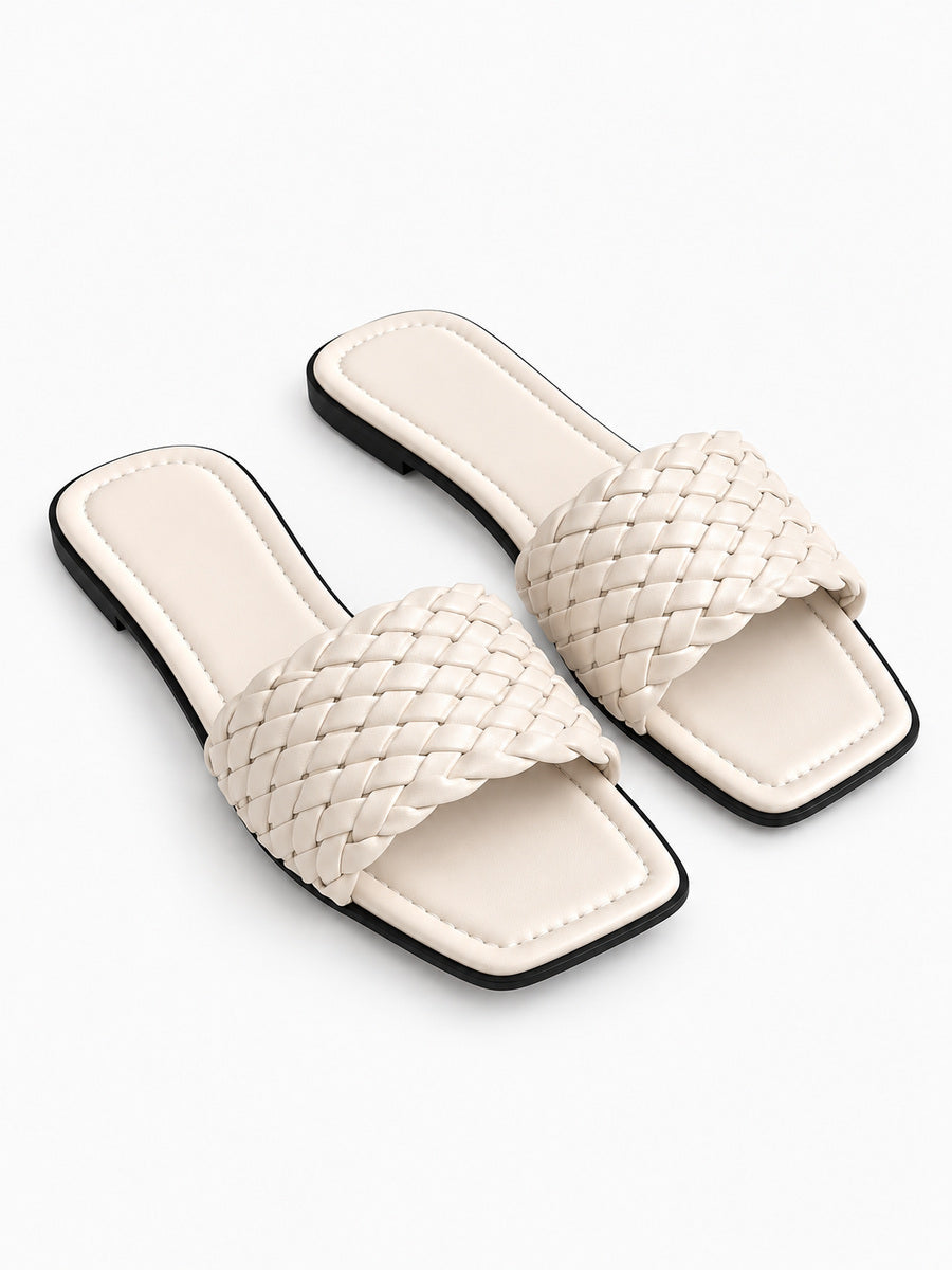 Raphaëlle – Sandale tressée plate femme – Blanc — trois quarts