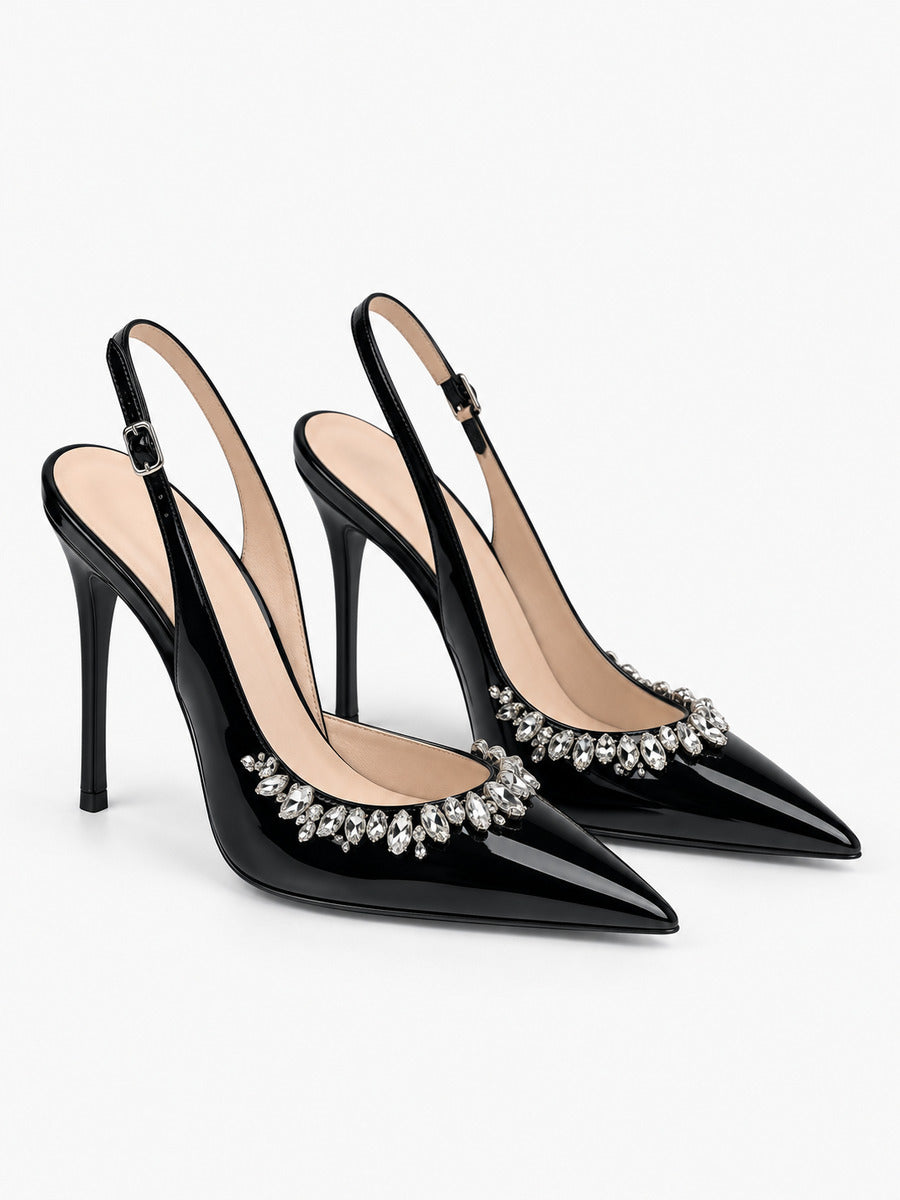 Romy – Sandale à talon fin et strass femme — paire 3/4