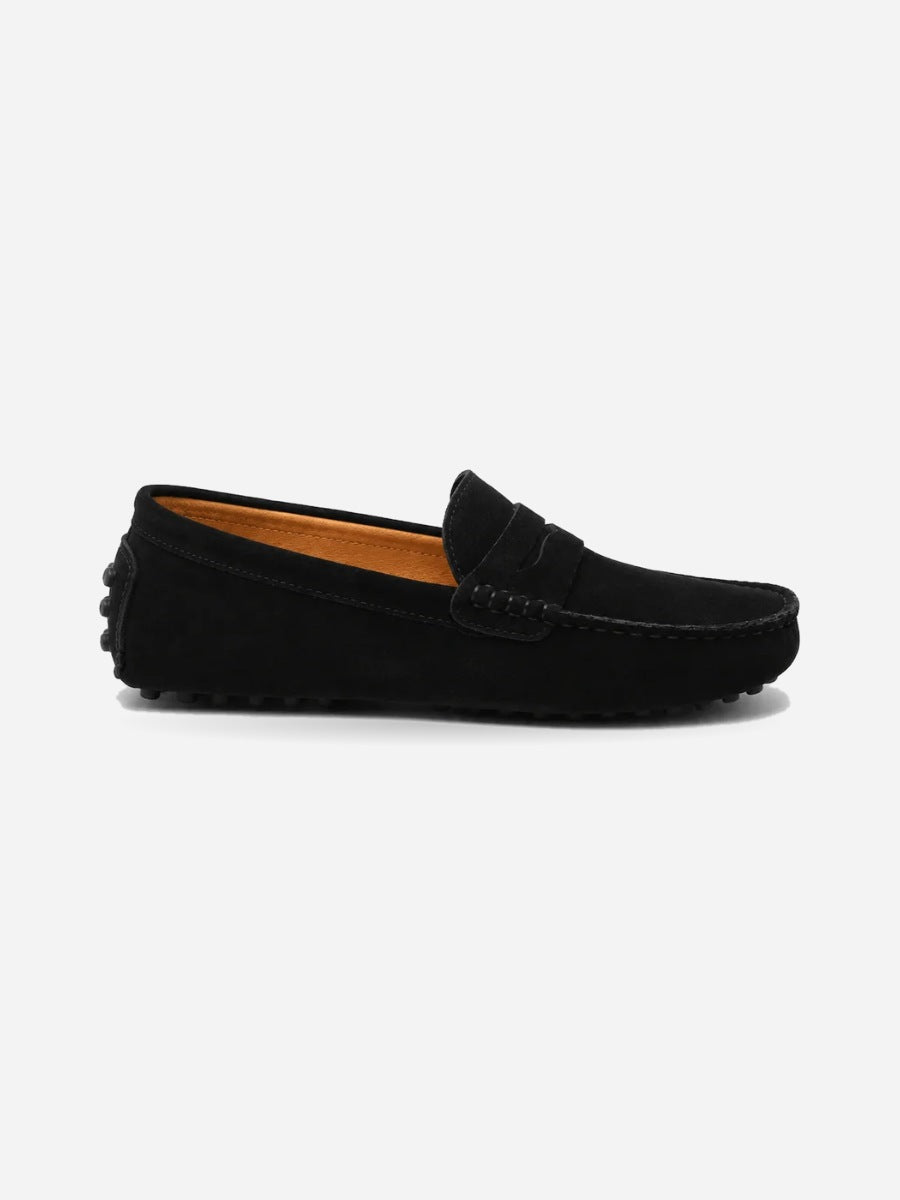 Samuel – Mocassin en daim souple homme – Noir — profil droit