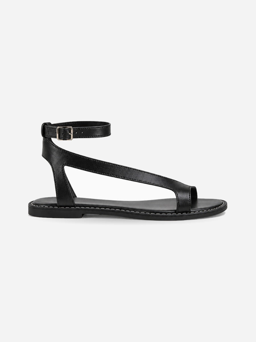 Saskia – Tong plate romaine femme – Noir — profil droit