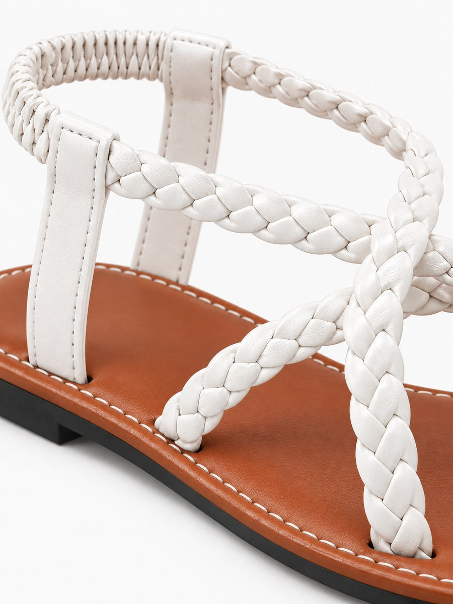 Servane – Sandale plate tressée à élastique femme – Blanc — détail