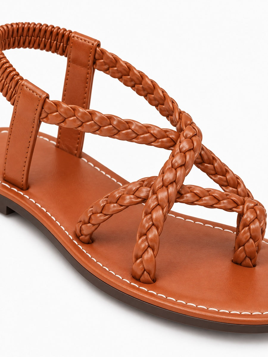Servane – Sandale plate tressée à élastique femme – Marron — détail