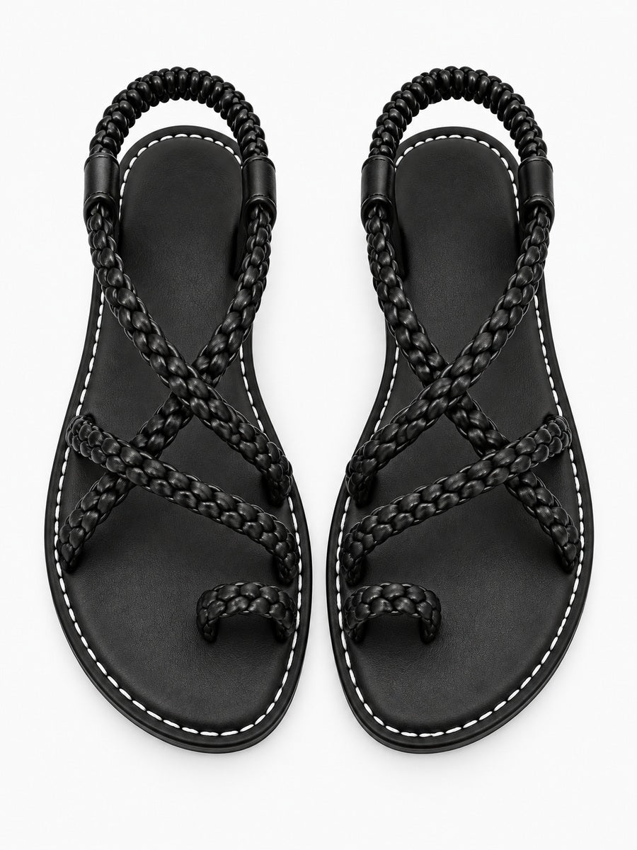 Servane – Sandale plate tressée à élastique femme – Noir — dessus