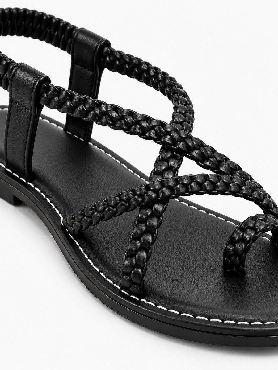Servane – Sandale plate tressée à élastique femme – Noir — détail