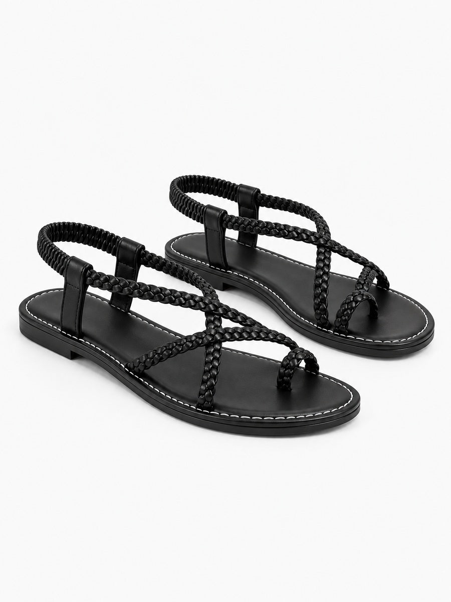 Servane – Sandale plate tressée à élastique femme – Noir — trois quarts