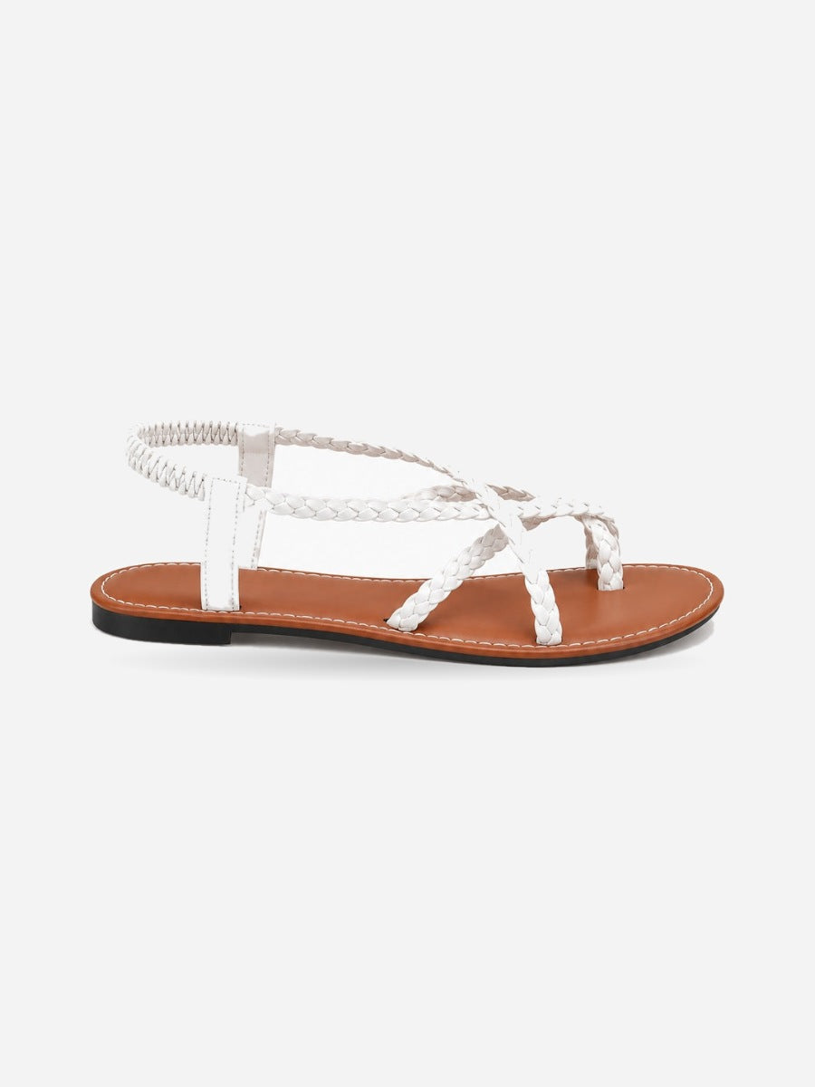 Servane – Sandale plate tressée à élastique femme – Blanc — profil droit
