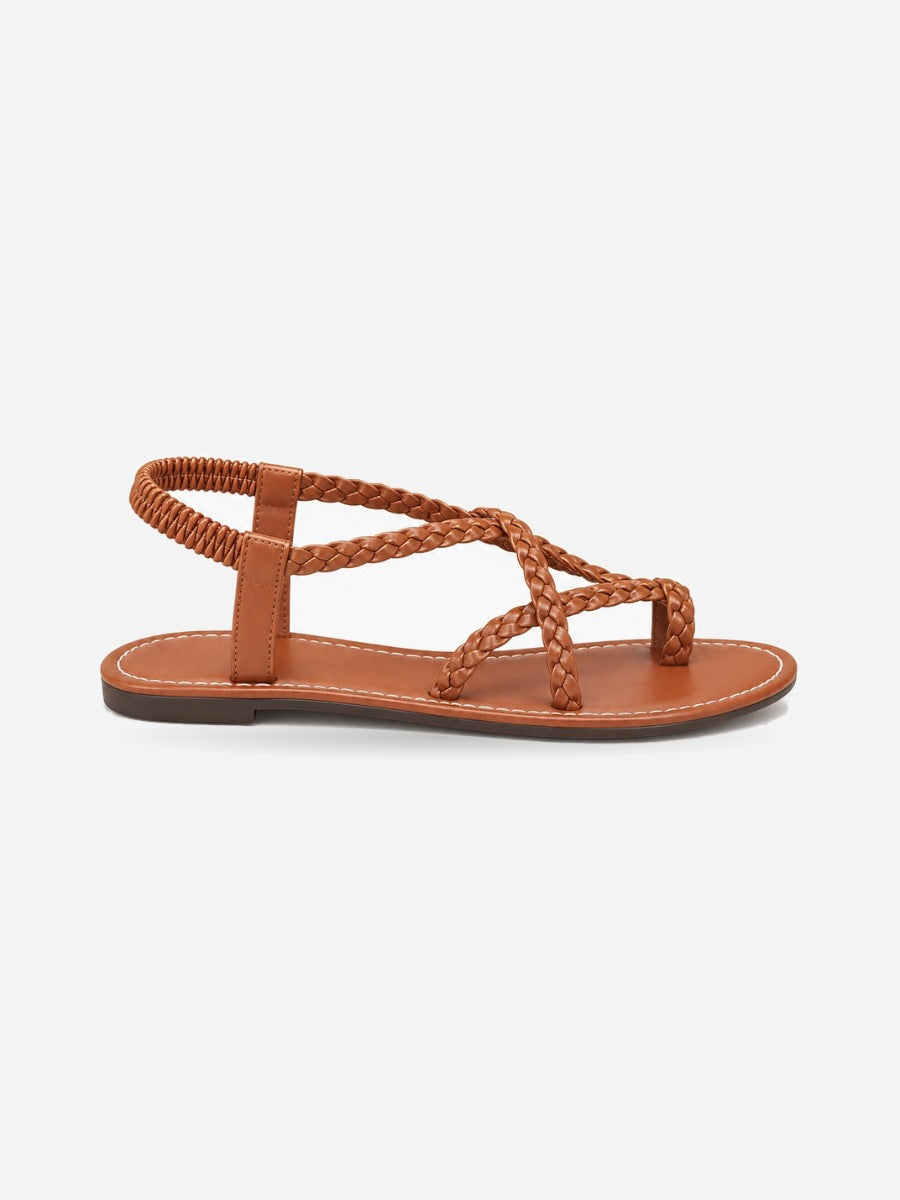 Servane – Sandale plate tressée à élastique femme – Marron — profil droit