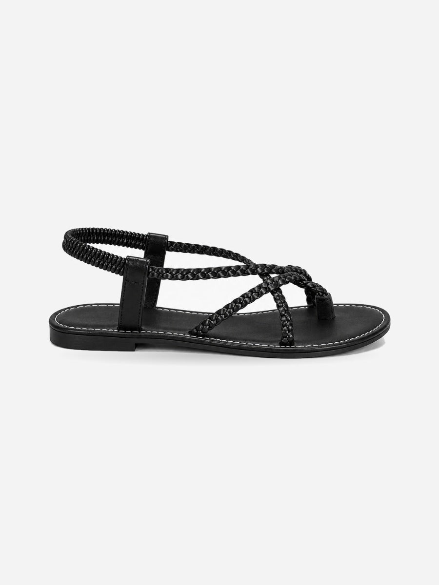 Servane – Sandale plate tressée à élastique femme – Noir — profil droit