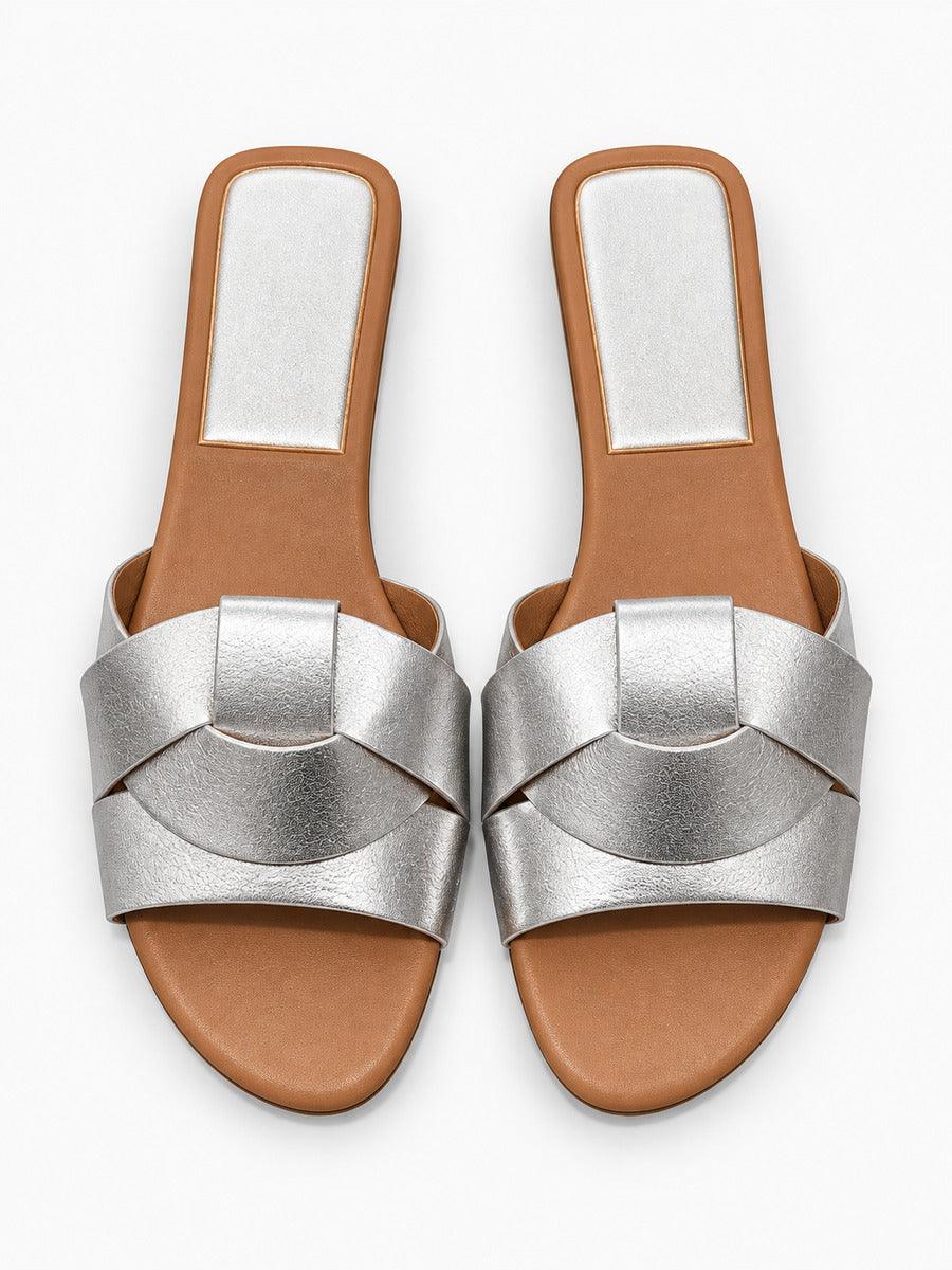 Silvia – Sandale plate tissée de créateur femme – Argenté — dessus