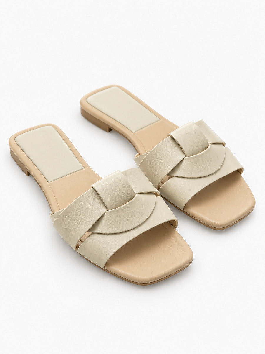 Silvia – Sandale plate tissée de créateur femme – Beige — trois quarts