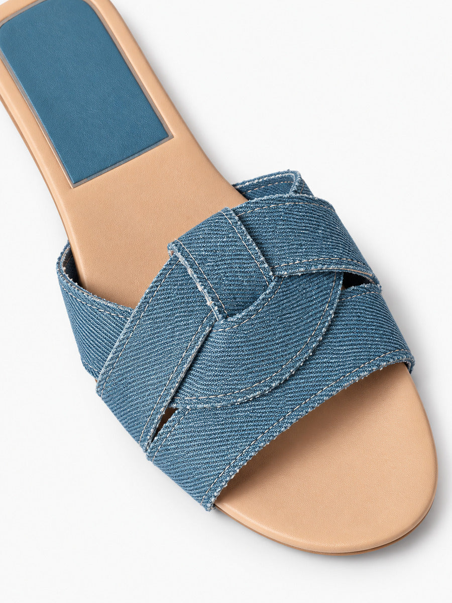 Silvia – Sandale plate tissée de créateur femme – Bleu — détail