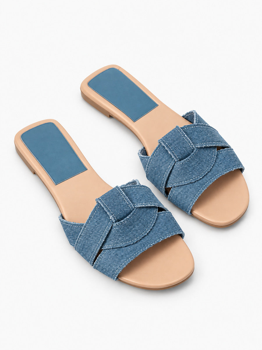Silvia – Sandale plate tissée de créateur femme – Bleu — trois quarts