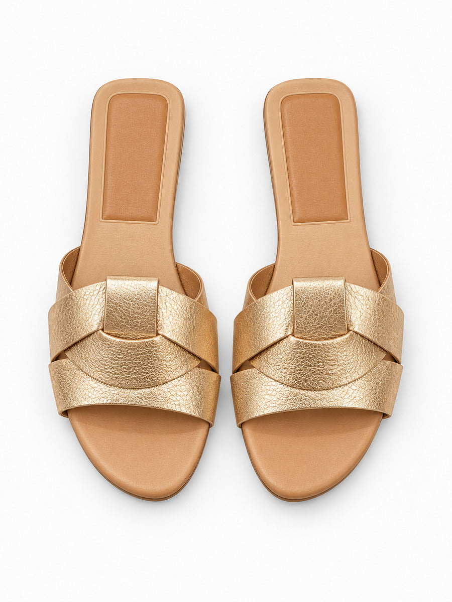 Silvia – Sandale plate tissée de créateur femme – Doré — dessus