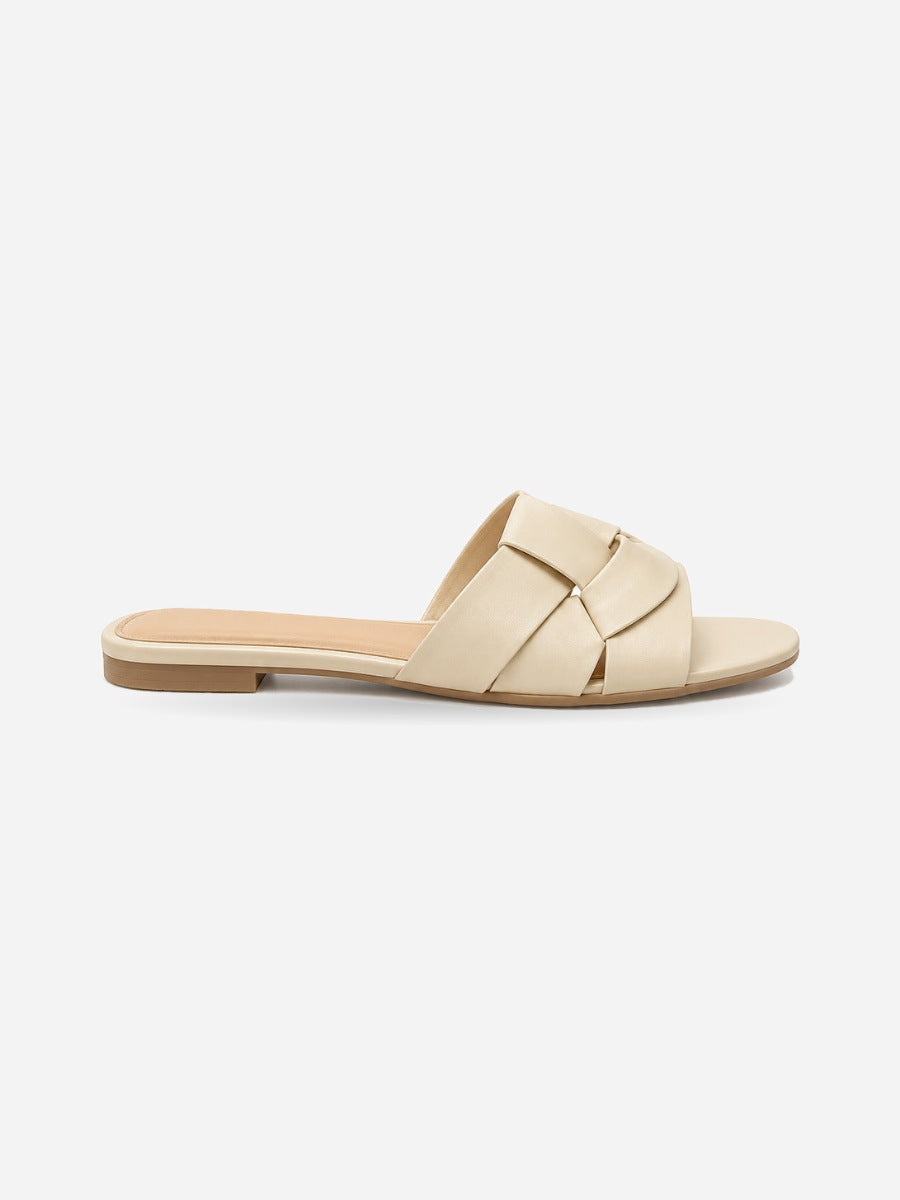 Silvia – Sandale plate tissée de créateur femme – Beige — profil droit