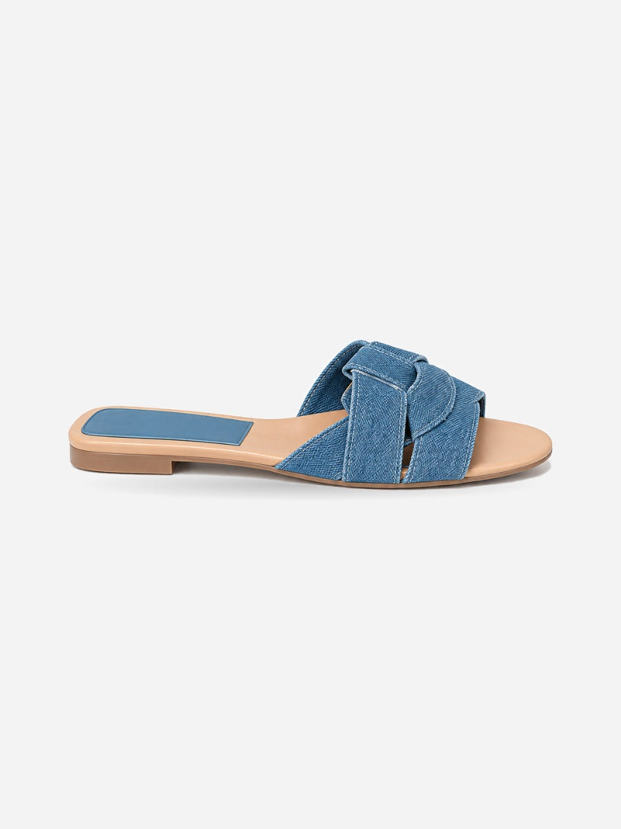 Silvia – Sandale plate tissée de créateur femme – Bleu — profil droit