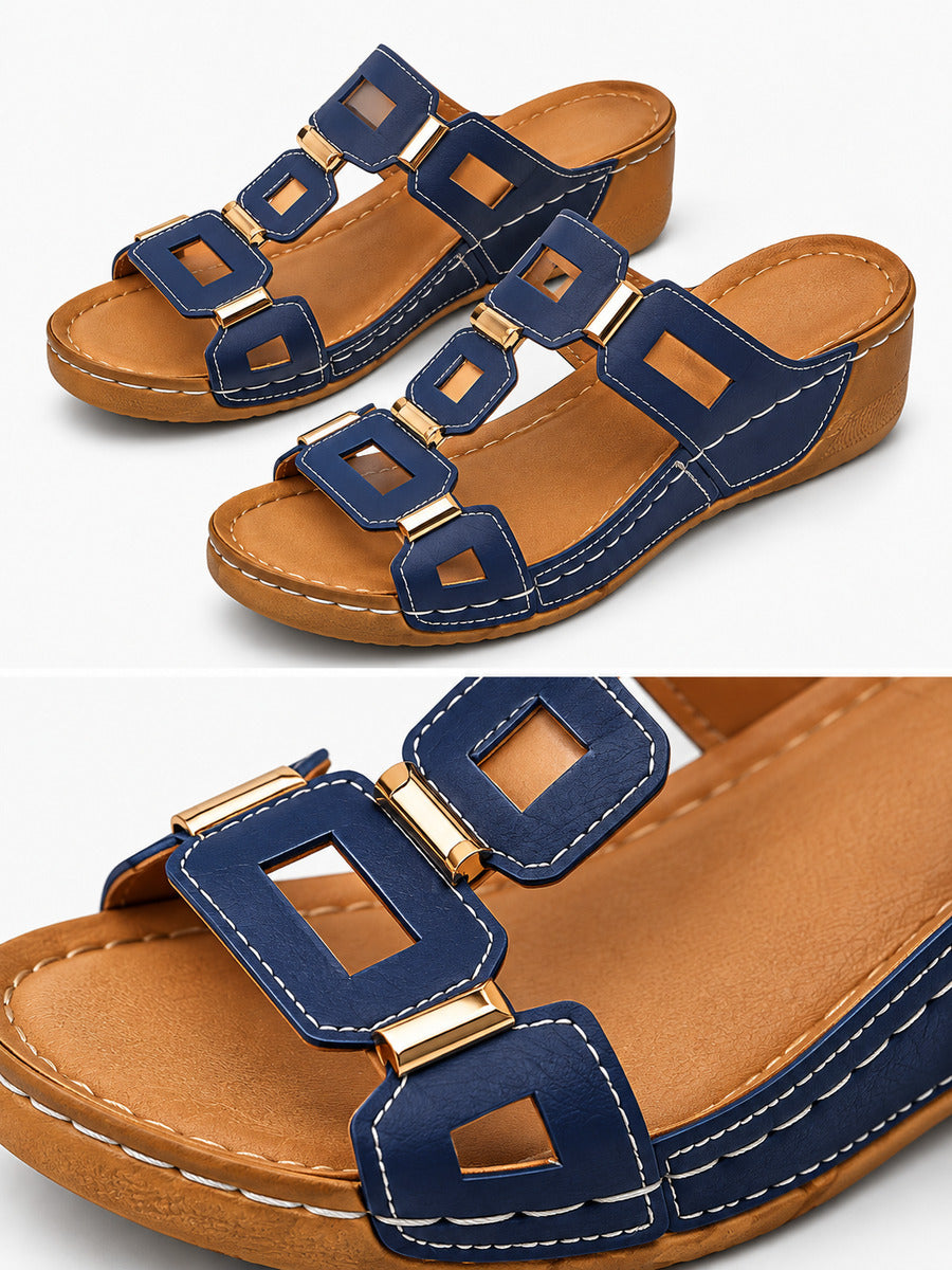 Solange – Sandale compensée romaine ouverte femme – Bleu foncé — détail