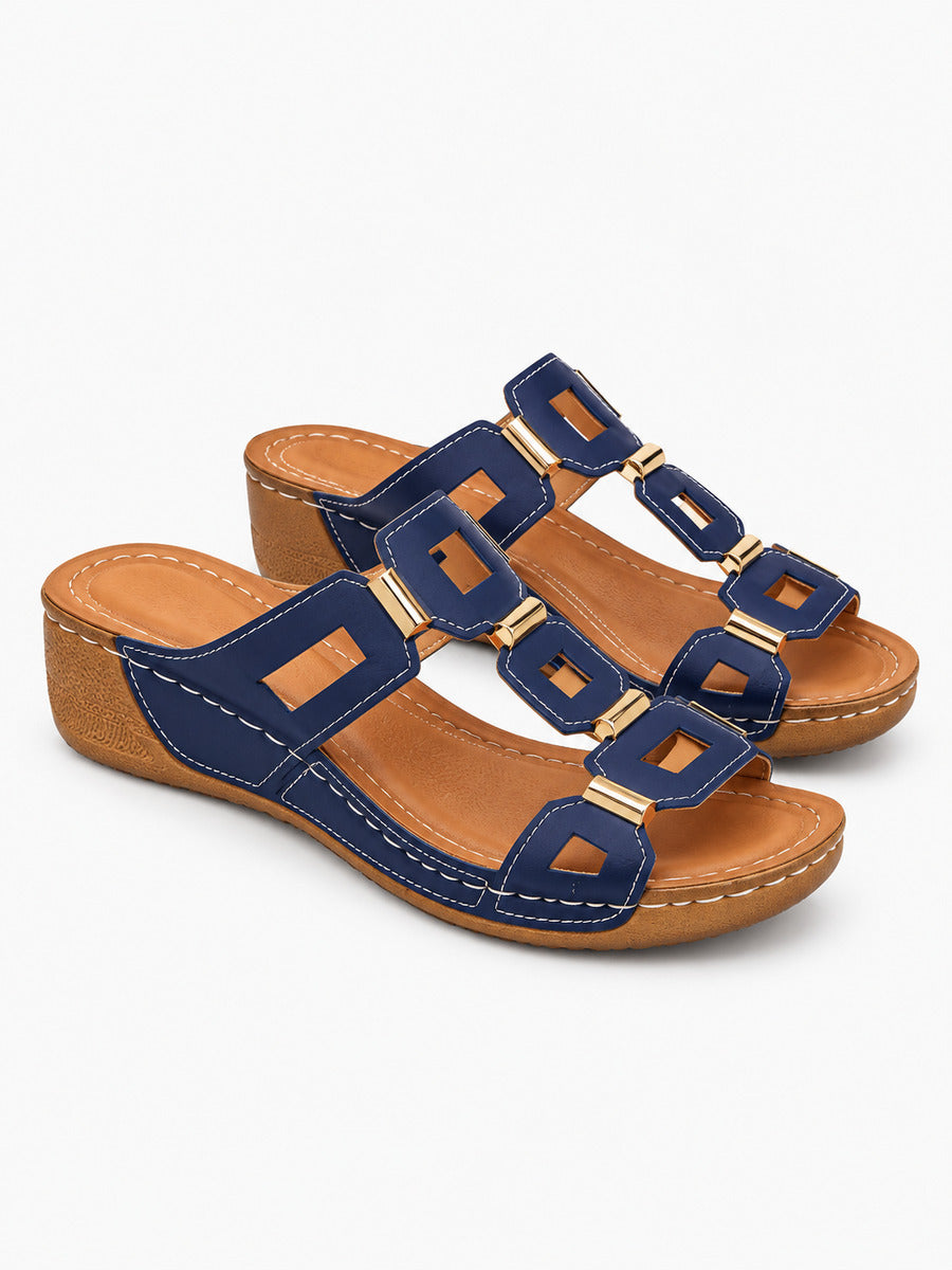 Solange – Sandale compensée romaine ouverte femme – Bleu foncé — trois quarts