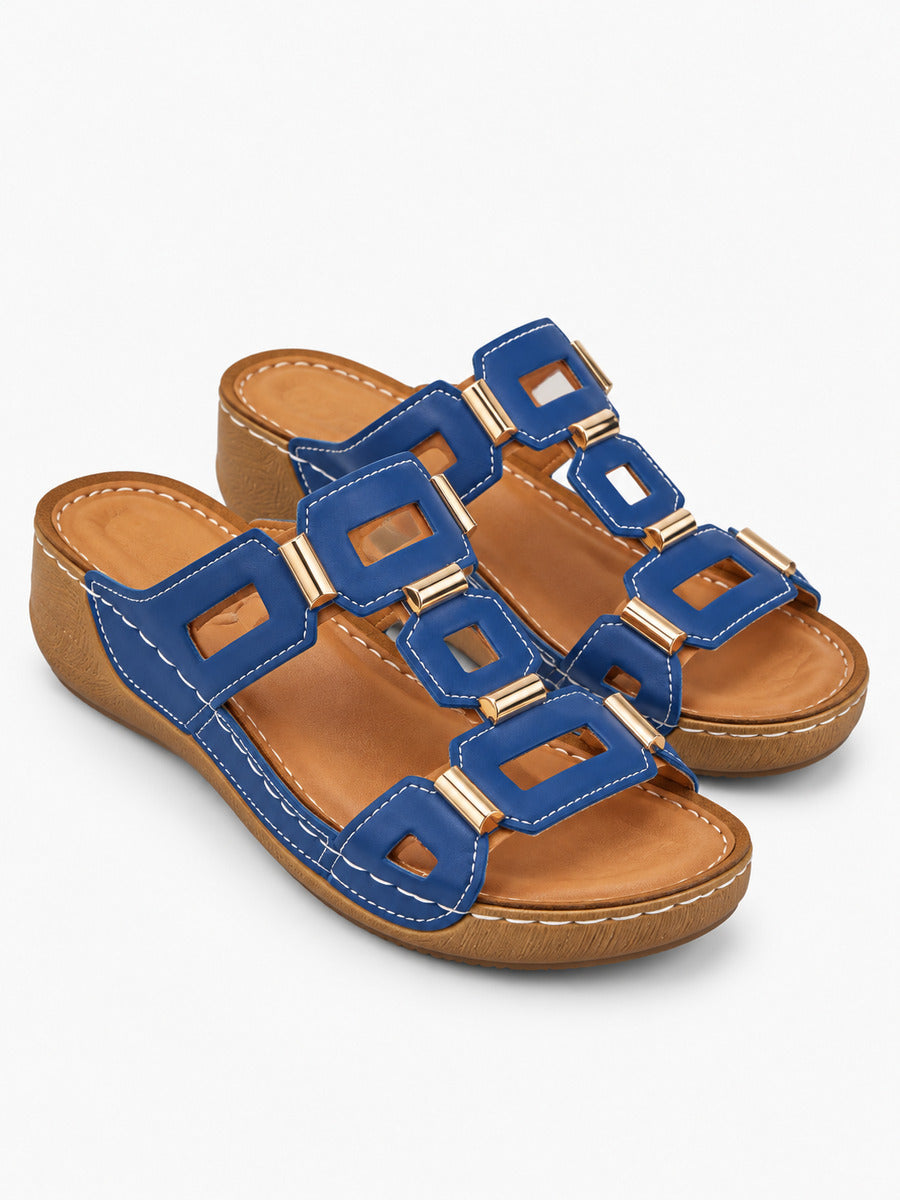 Solange – Sandale compensée romaine ouverte femme – Bleu — trois quarts