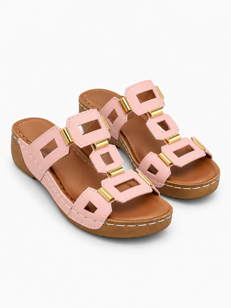 Solange – Sandale compensée romaine ouverte femme – Rose — trois quarts