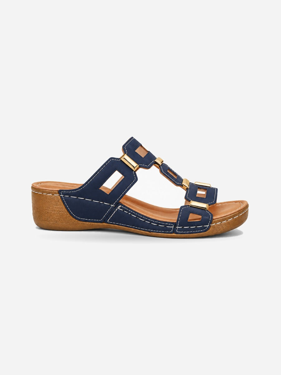 Solange – Sandale compensée romaine ouverte femme – Bleu foncé — profil droit