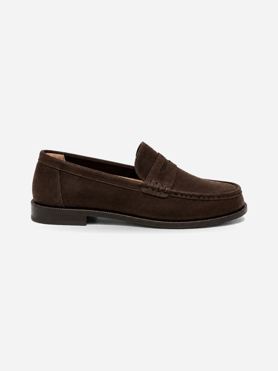 Timothée – mocassin homme daim marron foncé, profil droit
