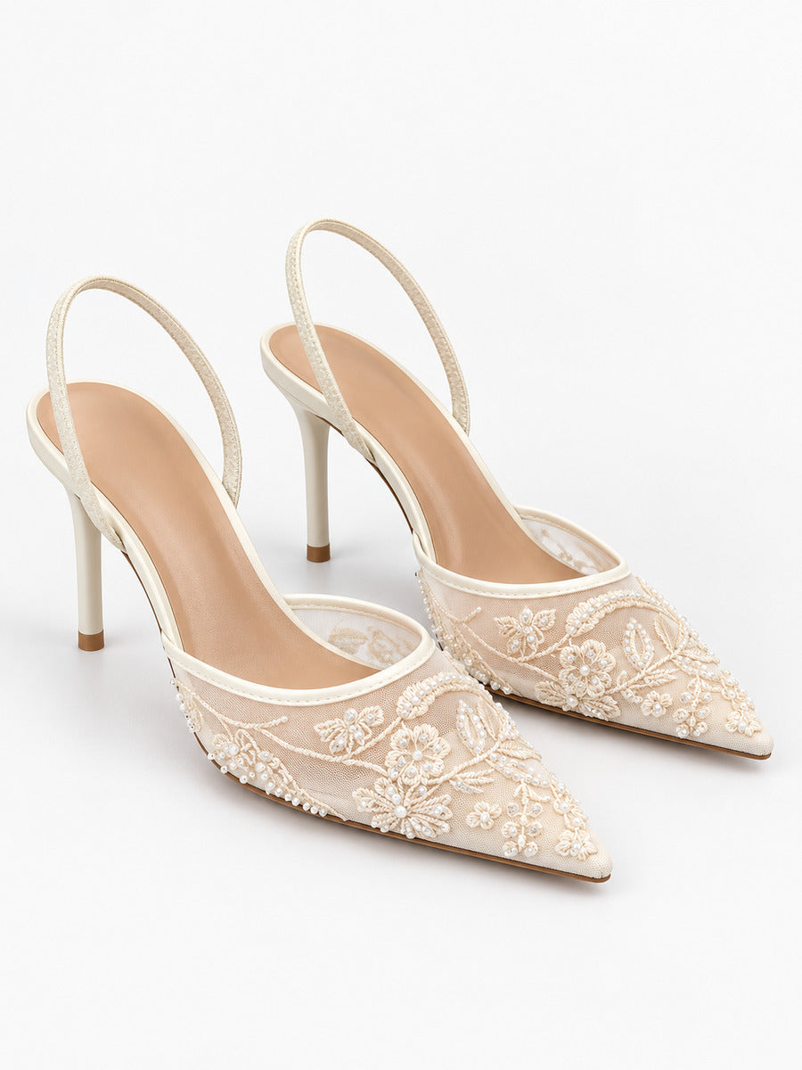 Zélie – Escarpin brodé à bride arrière femme – Blanc — paire 3/4