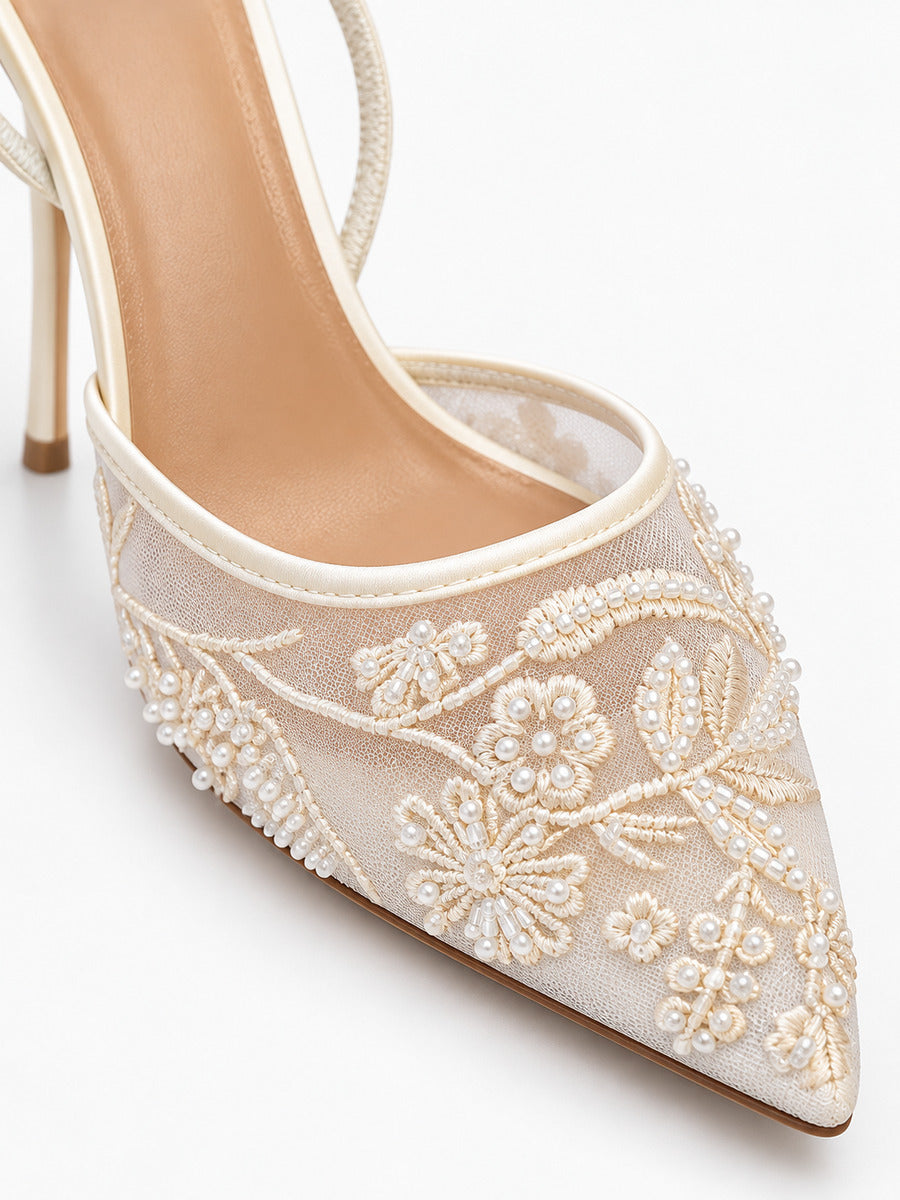 Zélie – Escarpin brodé à bride arrière femme – Blanc — détail
