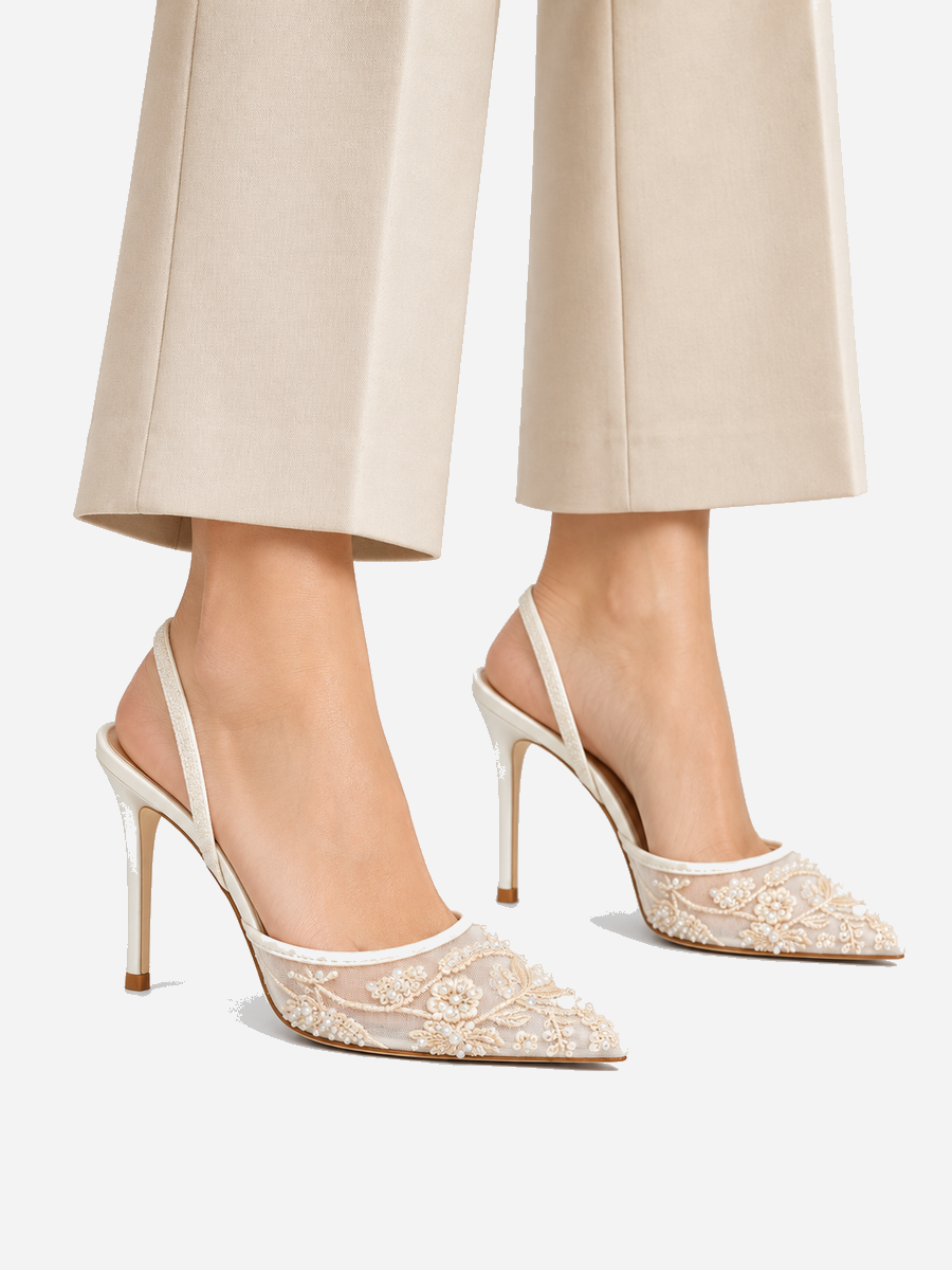 Zélie – Escarpin brodé à bride arrière femme – Blanc — portée